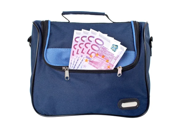 Blaue Handtasche mit Geld — Stockfoto