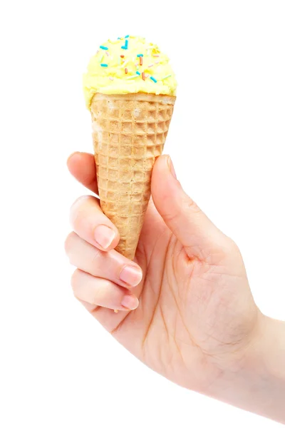Holding delicious vanilla ice cream — Stock Photo, Image