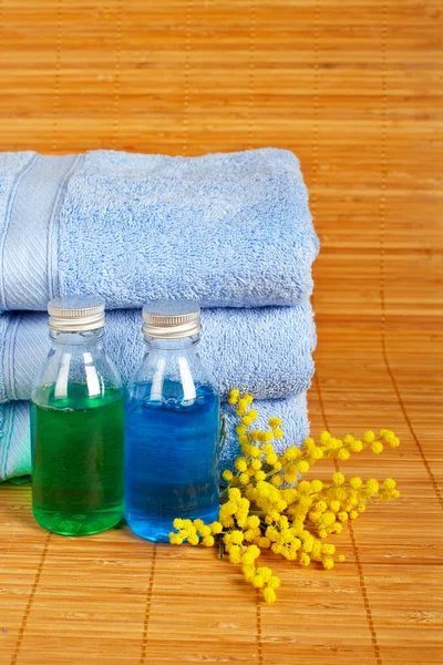 Handtücher und Seifenflaschen — Stockfoto