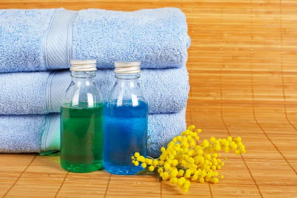 Ręczniki i mydło butelek — Zdjęcie stockowe