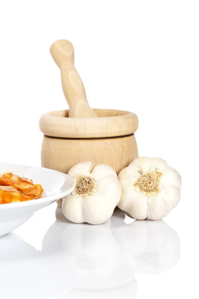 stock image Pasta, garlics and wooden mortar