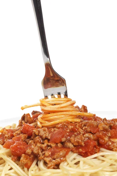 Spaghetti gerold op een vork — Stockfoto