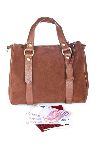 Bolso, dos pasaportes y dinero — Foto de Stock