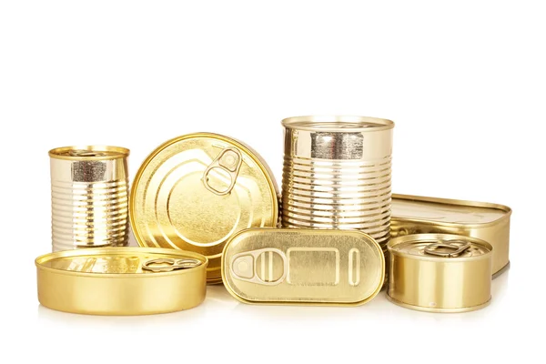 Auswahl an goldenen Konservendosen — Stockfoto