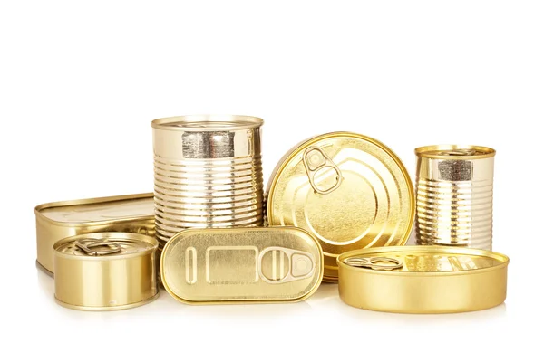 Assortment of golden food tin can — Stock Photo, Image