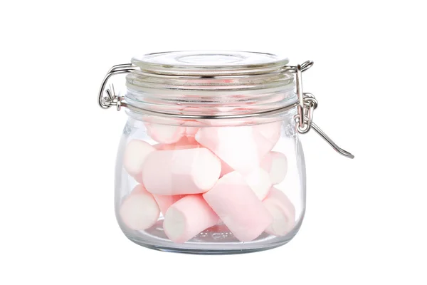 Rosa marshmallows i en glasburk — Stockfoto