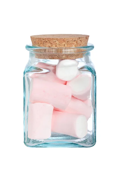 Roze marshmallows in de glazen pot — Stockfoto