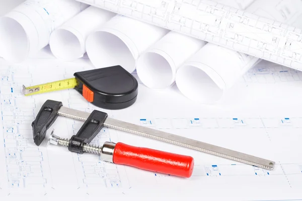 Blueprints and tools — Stock Photo, Image