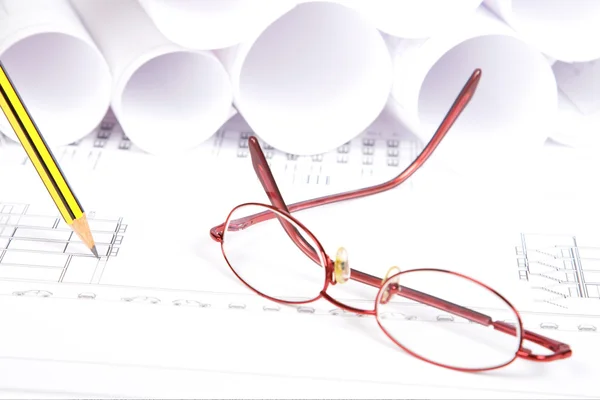 Blueprints, glasses and pencil — Stock Photo, Image