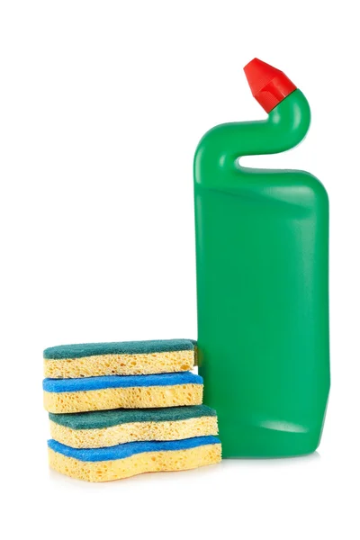 Garrafa de detergente e esponjas — Fotografia de Stock