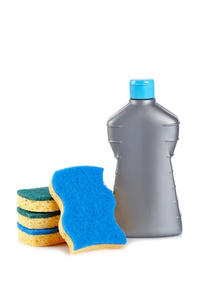 Bottiglia detergente e spugne — Foto Stock
