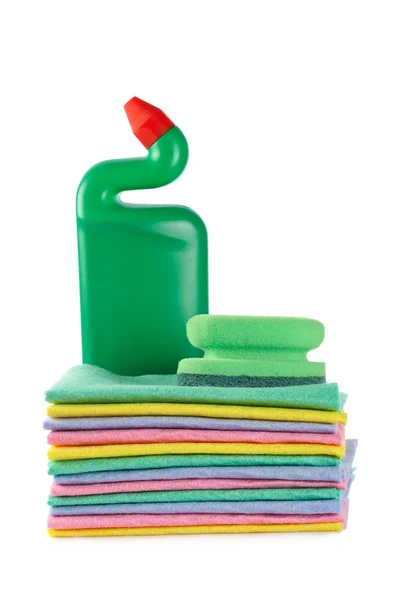Plastic detergent bottle and sponges — Stock Photo, Image