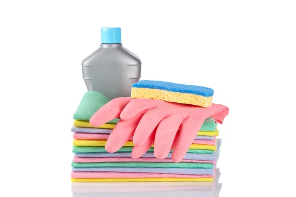 Garrafa de detergente, esponja e luvas — Fotografia de Stock