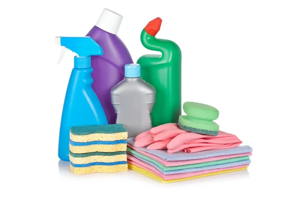 Detergent bottles and sponges — Stock Photo, Image