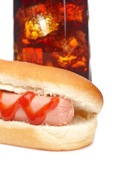 Hot dog and soda glass — Stock Photo, Image