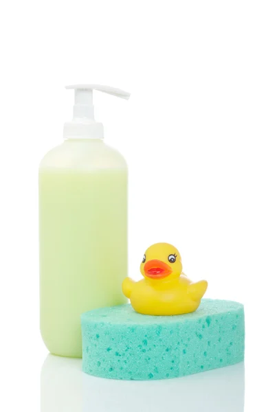 Gumi kacsa, soap és szivacs — Stock Fotó