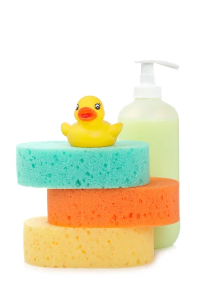 Gumi kacsa, soap és szivacs — Stock Fotó