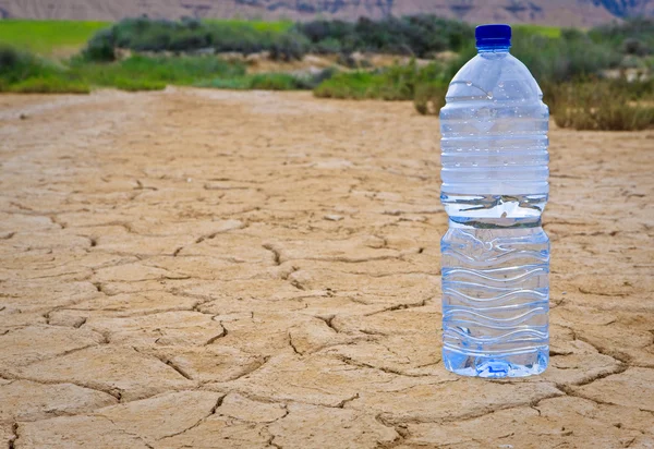 Бутылка воды на сухой земле — стоковое фото