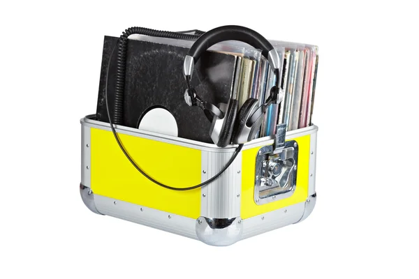Caixa de hóquei em disco e fones de ouvido — Fotografia de Stock