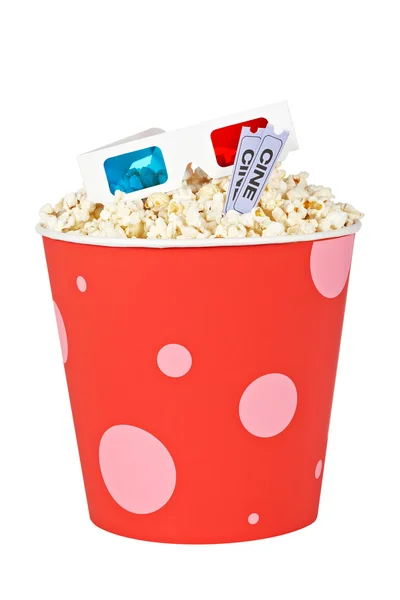 Popcorn bucket, two tickets and 3D glasses — Stock Photo, Image