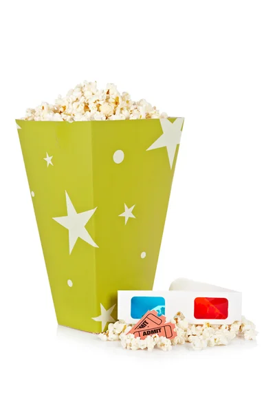 Secchio popcorn, due biglietti e bicchieri 3D — Foto Stock