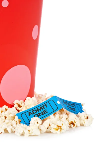 Two tickets and popcorn bucket — Stock Photo, Image