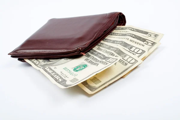 Stará kožená peněženka s účty uvnitř — Stock fotografie