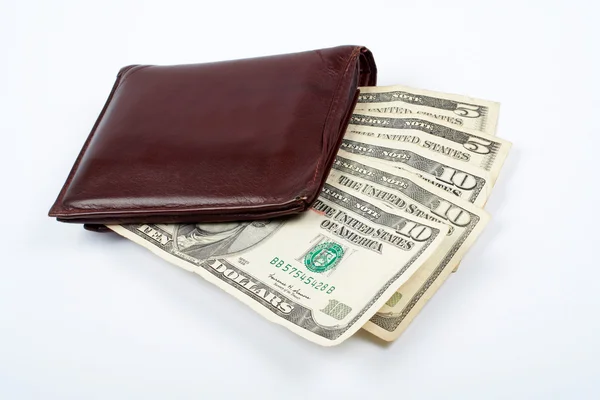 Gamla läder plånbok med räkningar inuti — Stockfoto