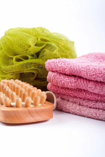 Towels, body sponge and wood brush — Stock Photo, Image
