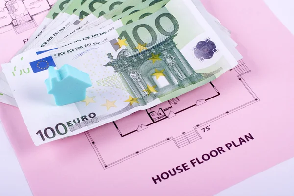 House and money on home plan — Stock Photo, Image