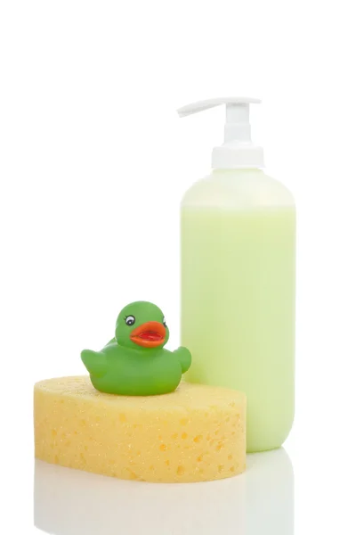 Rubber duck, zeep en spons Rechtenvrije Stockafbeeldingen