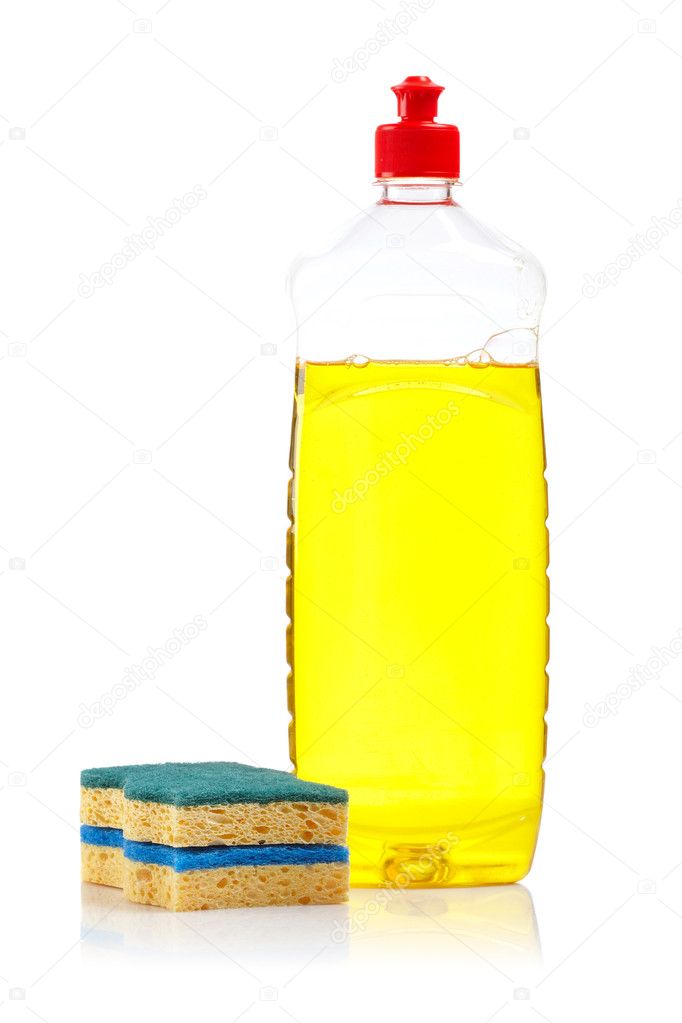Bottle of dish washing and sponges