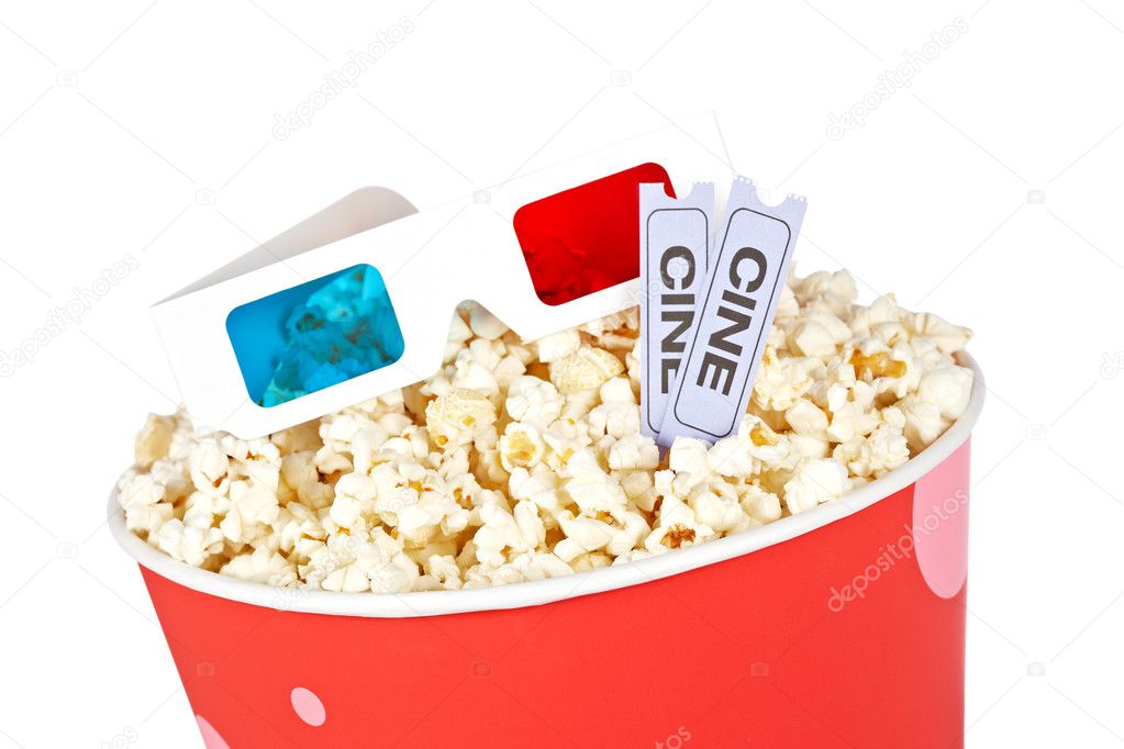 Popcorn bucket, two tickets and 3D glasses