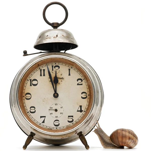 Relógio de alarme e um caracol — Fotografia de Stock