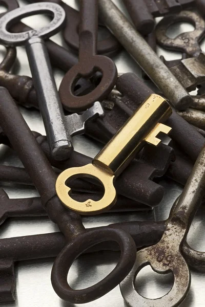 Una llave de oro en medio de las oxidadas —  Fotos de Stock