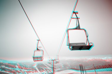 Beautiful 3D anaglyph stereo image of a ski chair lift clipart