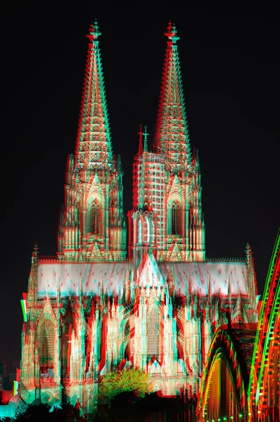 3D-Anaglyphenstereobild Kölner Dom in der Nacht — Stockfoto