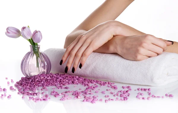 Spa manicure with lilac flowers — Stock Photo, Image