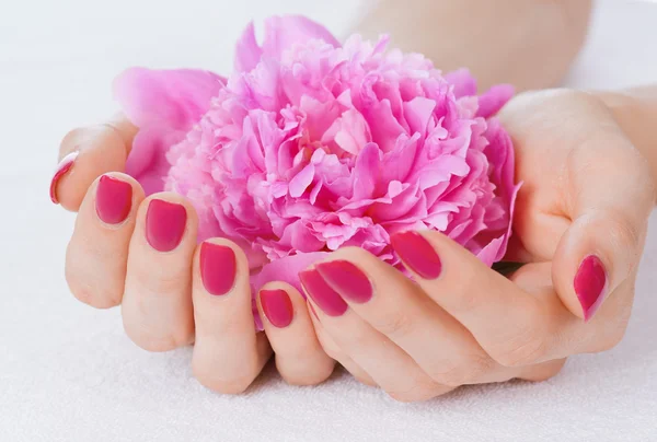Manicure rosa e flor — Fotografia de Stock