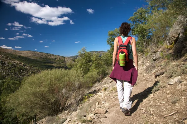 Back woman hiking in gredos — Stock Photo, Image