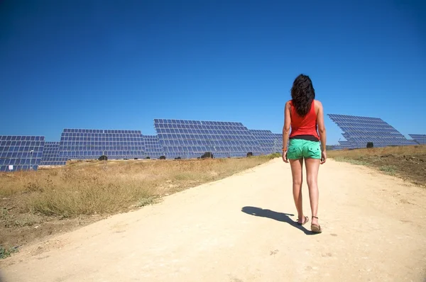 Woman and solar panels in cadiz — Stock Photo, Image