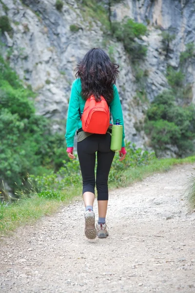 Жінка назад походи в ущелини річки піклується — стокове фото
