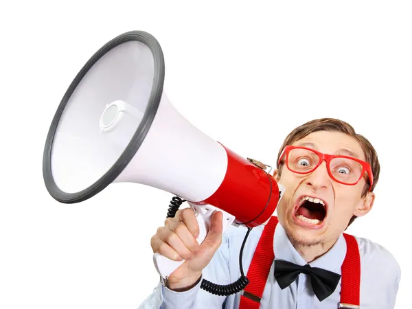 Funny guy with bullhorn — Stock Photo, Image