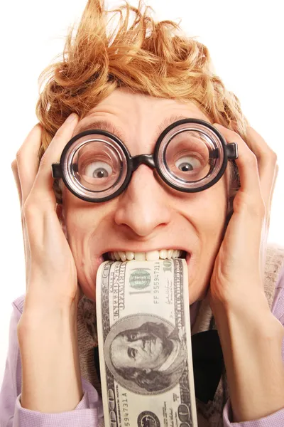 Grappige nerd met dollars in een mond — Stockfoto