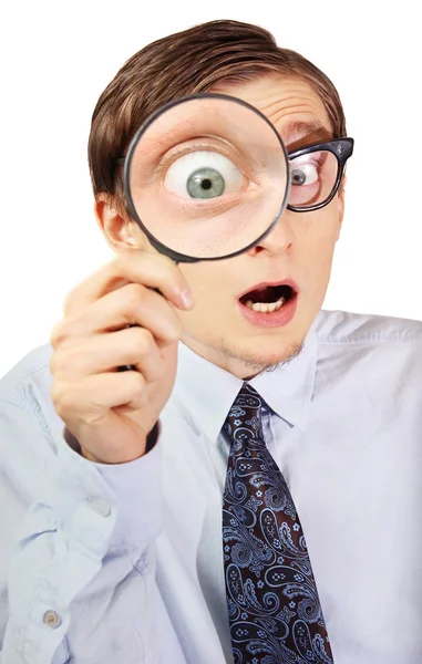 stock image Excited nerd with magnifying glass