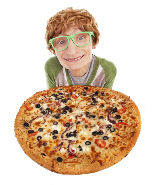 Chico divertido con pizza — Foto de Stock