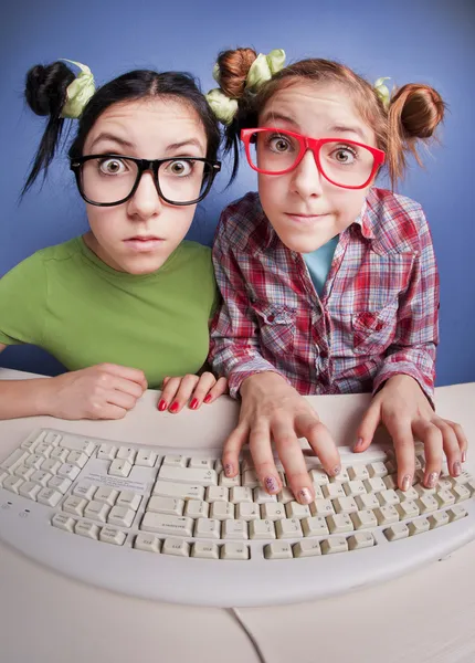 Tweelingzusjes op de computer — Stockfoto