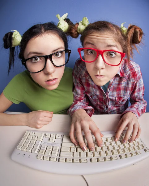 Tvillingsystrar vid datorn — Stockfoto