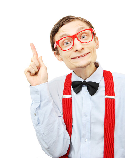 Funny guy pointing up Stock Photo