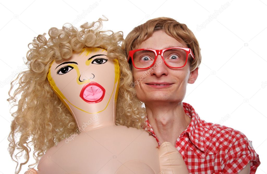 Download - Guy with a blow-up doll - Stock Image. 